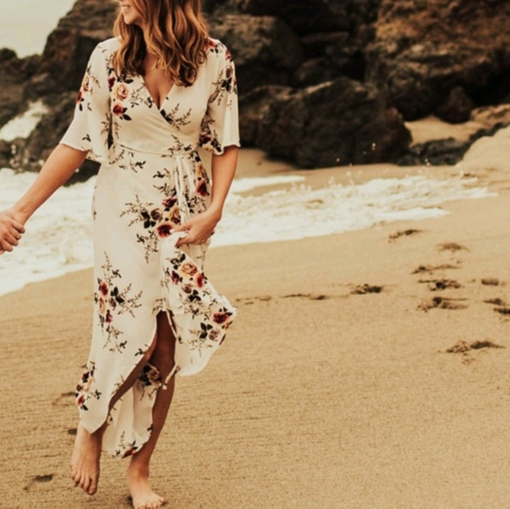 White Floral Wrap, V-Neck Dress (with Sleeves)